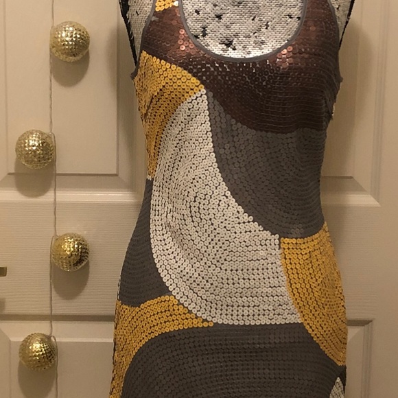 MINI DRESS 60’s Retro Inspired SEQUINS in Yellow White Brown Silver - Picture 3 of 12
